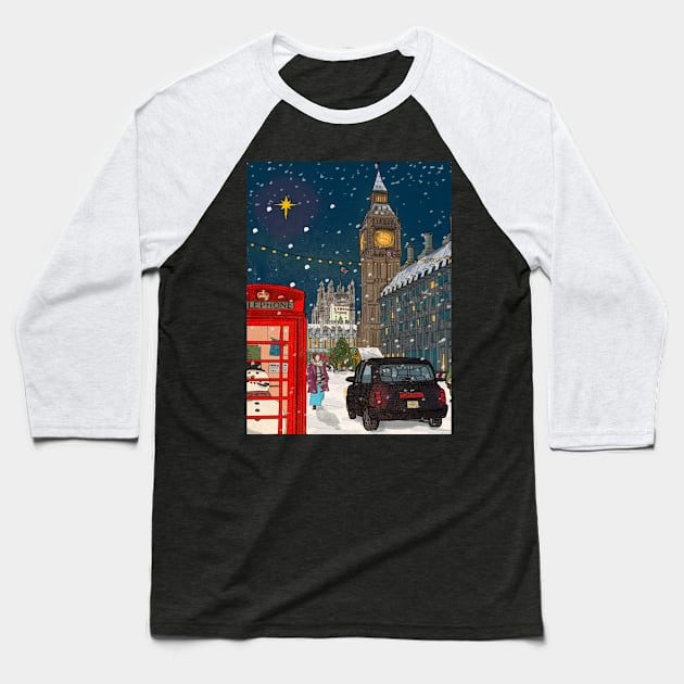 London Christmas Night Cityscape Art Baseball T-Shirt by Wall-Art-Sketch